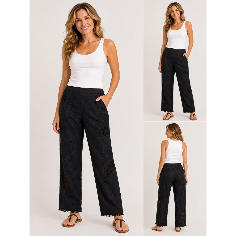 Lucky Brand Black Embroidered Eyelet Wide Leg Pants Boho Romantic Small NWT